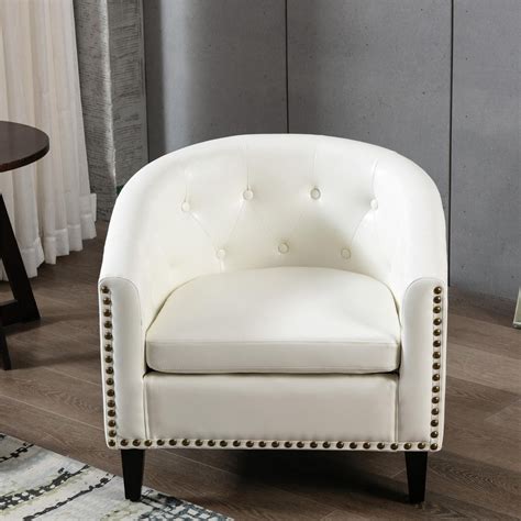 Leather Accent Chair Tufted Wingback Barrel Chair For Living Room