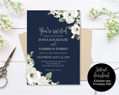 Navy Blue Wedding Invitation Navy Blue And Green Wedding Etsy Uk