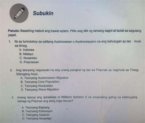 Subukin Natin Panuto Basahin Ang Sumusunod Piliin Ang Tamang Sagot Sa