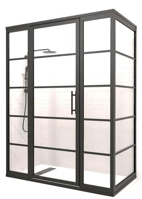 Gridscape Gs1 2 Panel Corner Shower Door In Black With Satindeco Frost Divided Style Corner
