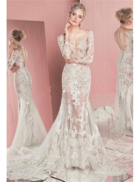 Mzyhd04 2016 Sexy Ivorywhite Sheer Lace Appliques Long Sleeve Mermaid Wedding Dress Bridal Gown