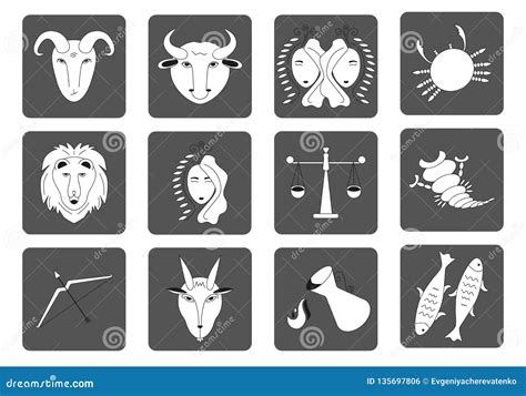 Set Of Black And White Zodiac Signs On A Dark Background Square Icons