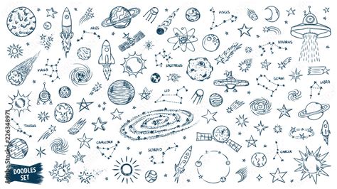 Space Doodles Set Astronomy Cosmic Sketches Zodiac Planets Moon