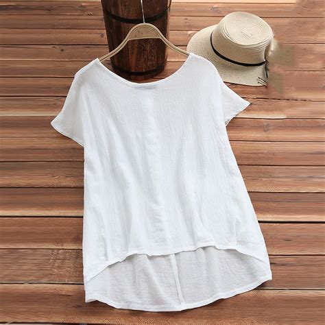 cotton linen t shirt top women short sleeve solid color irregular hem loose blouse summer black