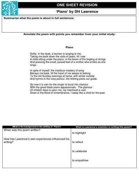 Piano By Dh Lawrence Summarise What The Poem Is About In Full