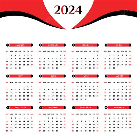 Calendario Rojo Y Negro 2024 Con Estilo único Vector Png Dibujos