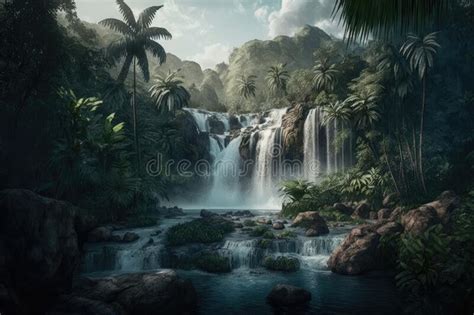 Beautiful Waterfall In Tropical Jungle Cascade Waterfall In Green Tree