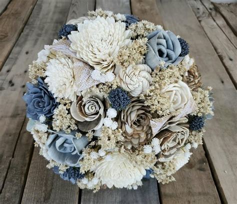 Country Rustic Wood Flower Bouquet With Slate Blue Gray And Etsy In