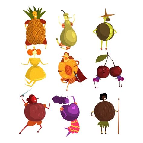 Funny Fruits Cartoon Characters Set People In Fruit Costumes Vector