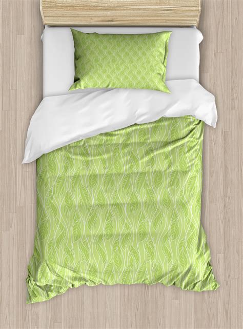 Leaves Duvet Cover Set Stylized Green Leaves With Curvy Twigs Botanical Natural Forest