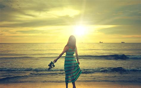 Girl Brunette Dress Sea Sunset Light Beach Wallpaper