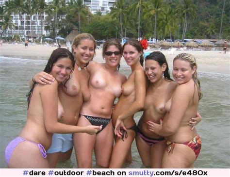 Outdoor Beach Ocean Group Topless Bikini Smiling Smallboobs