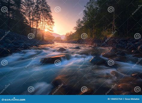 Beautiful Fast River In Mountain Forest At Sunrise Stock Photo Image