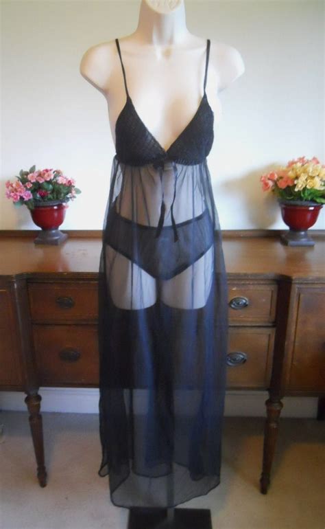 vintage sheer black nightgown and panty set ~ 1970 s … gem