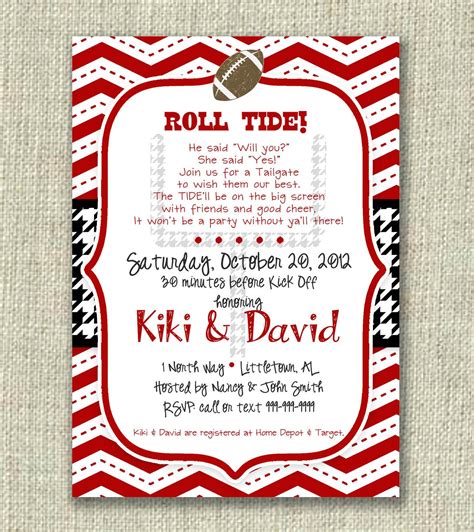 Bridal Shower Football Invitation Tailgate Alabama Crimson Tide Team