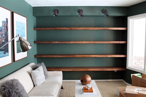 Beautiful Dark Blue Wall Paint With Rustic Wood Long Shelves All The