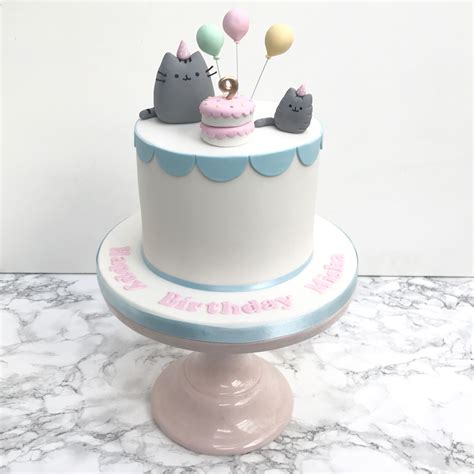 Pusheen Birthday Cake For A Girl With Balloons And Scallop Detail By
