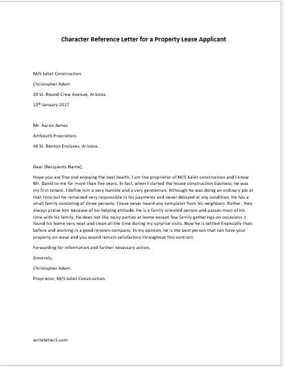 Character Reference Letter for a Property Lease Applicant | writeletter2.com