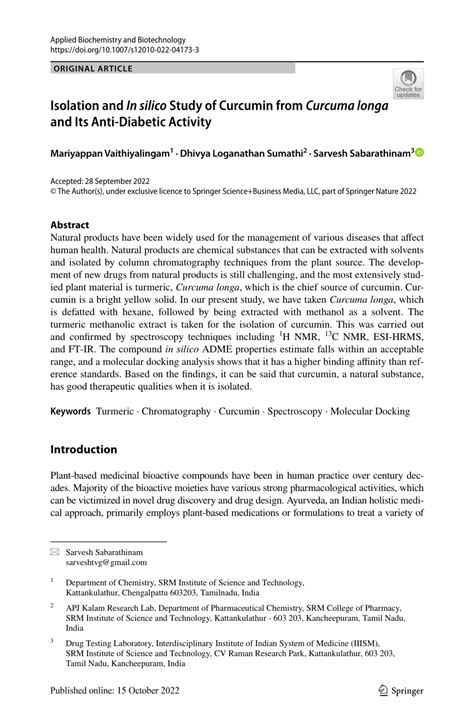 PDF Isolation And In Silico Study Of Curcumin From Curcuma Longa And