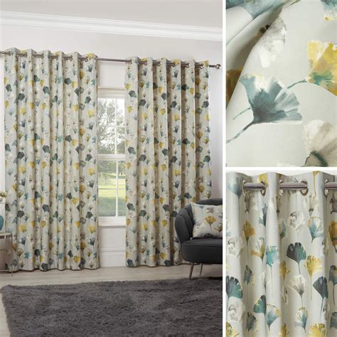 Ochre Eyelet Curtains Teal Watercolour Floral Ready Made Ring Top