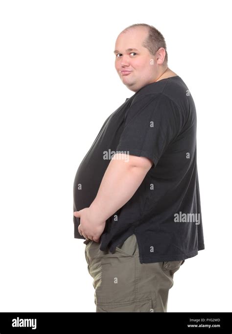 Fat Man Standing In Profile And Holding Her Belly Stock Photo Royalty