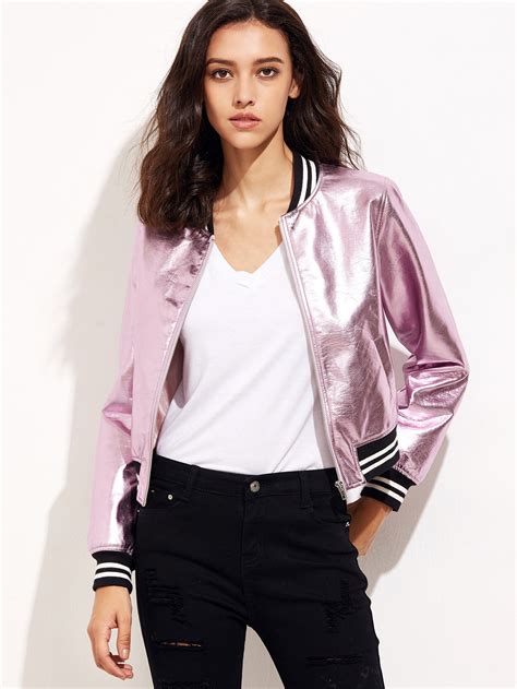 Metallic Pink Faux Leather Bomber Jacket Sheinsheinside