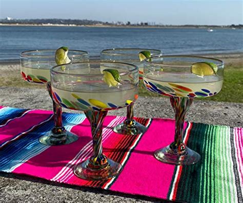Mexican Hand Blown Glass Set Of 4 Hand Blown Margarita Glasses Confetti Carmen 16 Oz