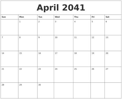 April 2041 Blank Printable Calendars