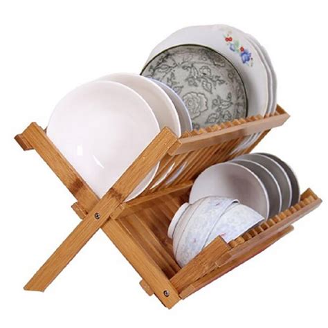 Foldable Bamboo Dish Drying Rack Plate Bowl Drainer Kitchen Storage