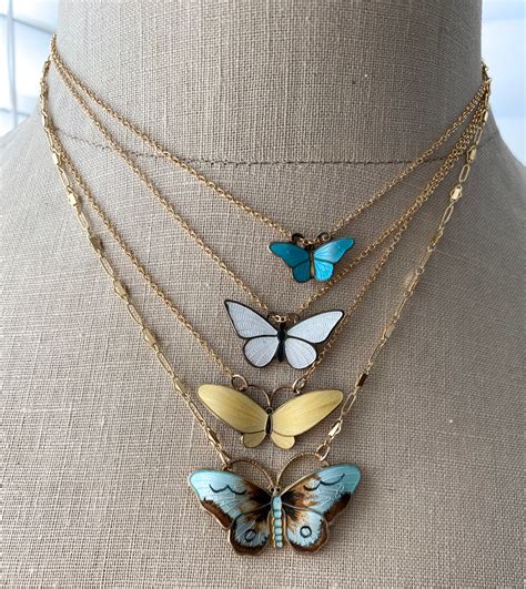 Vintage White Enamel Butterfly On Gold Filled Choker Necklace