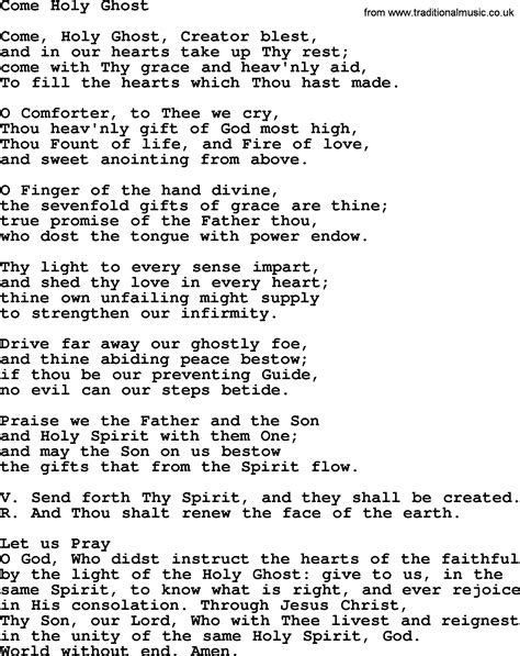 Catholic Hymns Song Come Holy Ghost Lyrics And Pdf