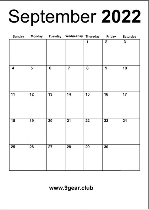 September 2022 Monthly Calendar Blank Printable Calendars Free