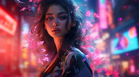 Premium Ai Image Beautiful Girl On The Background Of The Night Neon