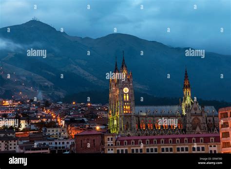 Night Time View Of The Basilica And Old Town In Quito Ecuador Stock