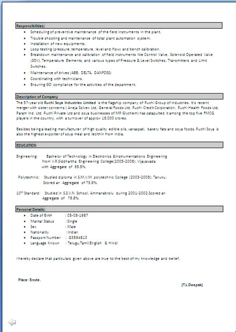 Resume Sample In Word Doc Bachelor Of Technology In Electronics And Instrumentations Engineering