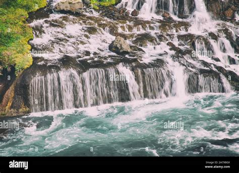 Amazing Waterfalls Of Hraunfossar And Barnafoss Iceland Stock Photo