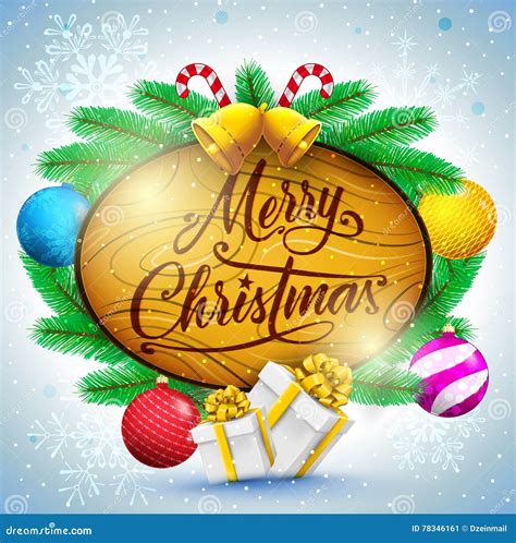 Merry Christmas Typography In Wooden Sign With Christmas Balls And