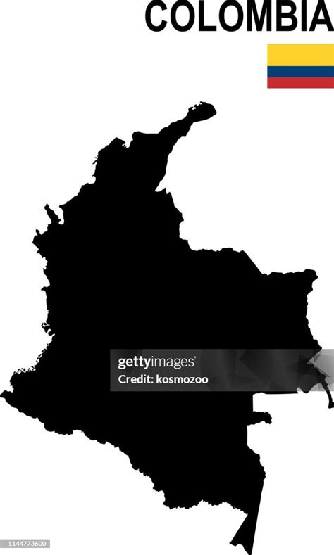 Black Basic Map Of Colombia With Flag Against White Background High Res