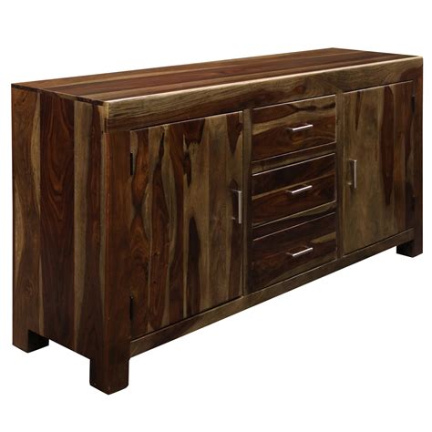 2 Door 3 Drawer Credenza Made Of Solid Sheesham Wood In A Light Stain