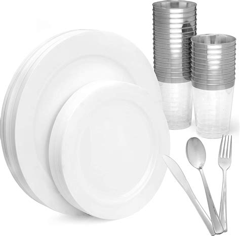 White Disposable Plastic Plates With Silver Cups Spoons