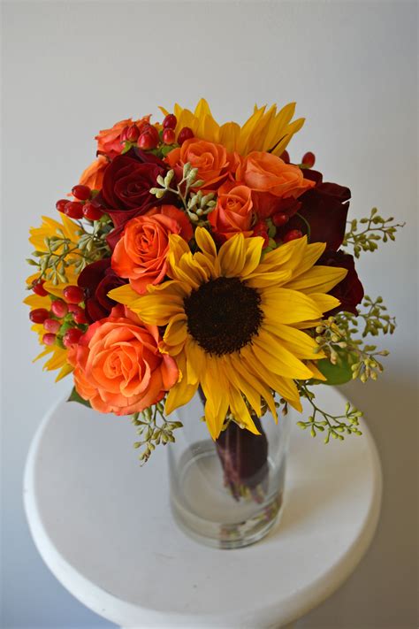 Fall Bouquet With Mini Sunflowers Orange Spray Roses Black Magic