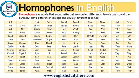 List Of English Homophones English Study Here
