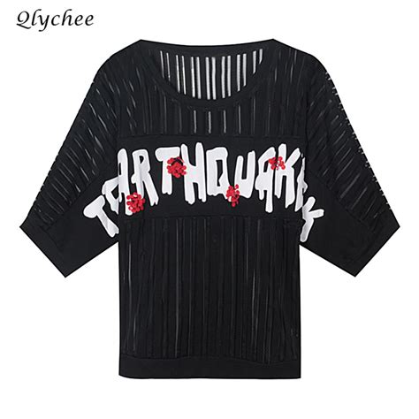 Qlychee Stripe Hollow Out Floral Letter Embroidery Print Blouse Short Sleeve O Neck Women Shirts