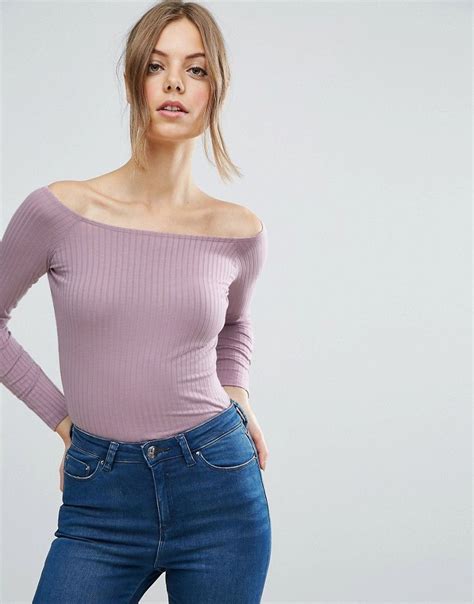 Buy It Now Asos Top With Off Shoulder In Rib Purple Top By Asos