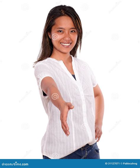 Smiling Asiatic Young Woman Extending Handshake Stock Image Image Of