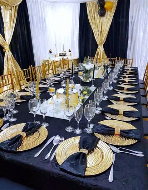 In fact, many gorgeous table settings cleverly use the party food itself to be the true focal point. Black, White and Gold Themed Table Setting Decor ...