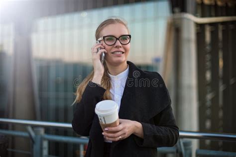Cheerful Female Ceo Phoning Via Cell Telephone Stock Image Image Of