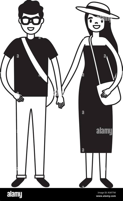 Couple Tourists With Bag Travel Vacations Vector Illustration Stock