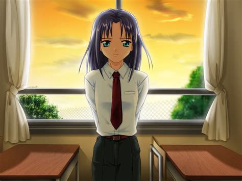 Murakami Suigun Oyakusoku Love Game Cg 1girl Black Hair Desk Green Eyes Long Hair