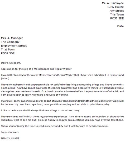 Your email should be out loud that. Maintenance and Repair Worker Cover Letter Example ...